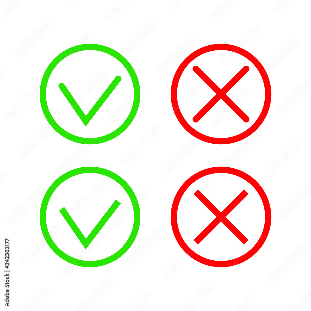 Green Check Mark and Red Cross in two variants (square and rounded corners) - thin line isolated vector illustration Green Check Mark and Red Cross in two variants (square and rounded corners) - thin line isolated vector illustration