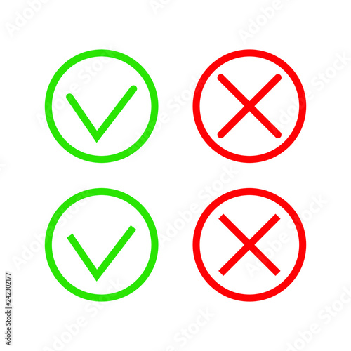Green Check Mark and Red Cross in two variants (square and rounded corners) - thin line isolated vector illustration