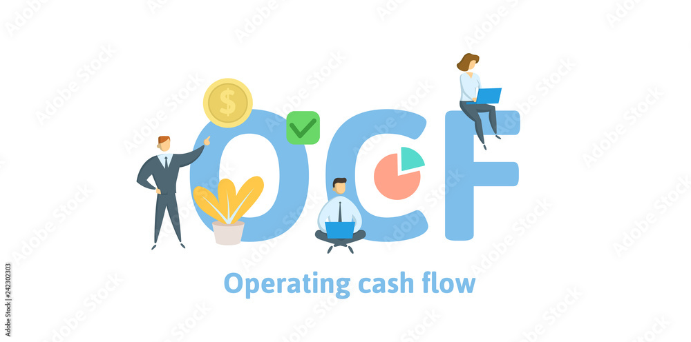 OCF, Operating Cash Flow. Concept with keywords, letters and icons. Colored flat vector illustration. Isolated on white background.