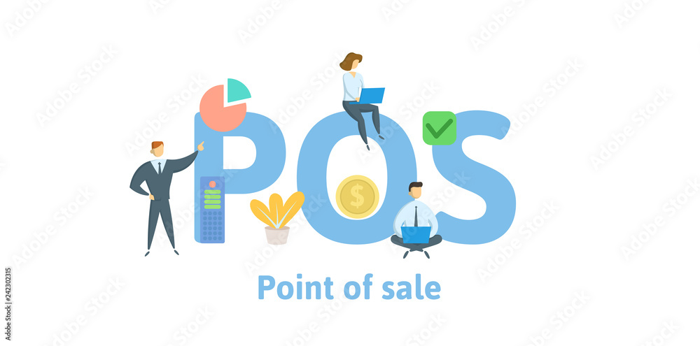 POS, Point of Sale. Concept with keywords, letters and icons. Colored flat vector illustration. Isolated on white background. POS, Point of Sale. Concept with keywords, letters and icons. Colored flat vector illustration. Isolated on white background.