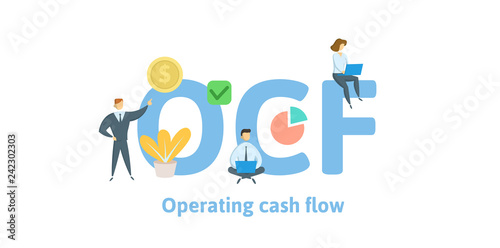 OCF, Operating Cash Flow. Concept with keywords, letters and icons. Colored flat vector illustration. Isolated on white background.