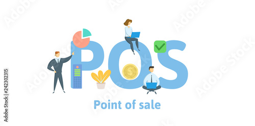 POS, Point of Sale. Concept with keywords, letters and icons. Colored flat vector illustration. Isolated on white background.