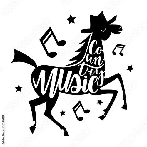 Vector illustration with dancing horse and lettering words - Country music. Typography print design with animal, text, melogy signs and stars photo