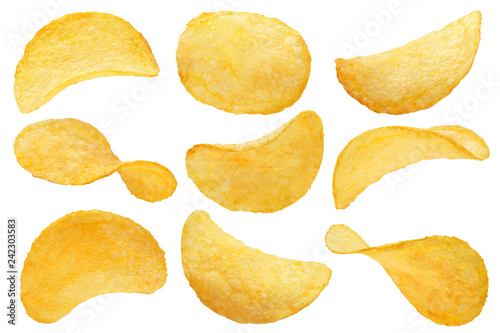 Collection of potato chips, isolated on white background