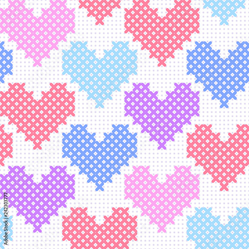 Colorful pink blue purple simple cute cross stitch hearts on white canvas seamless pattern, vector