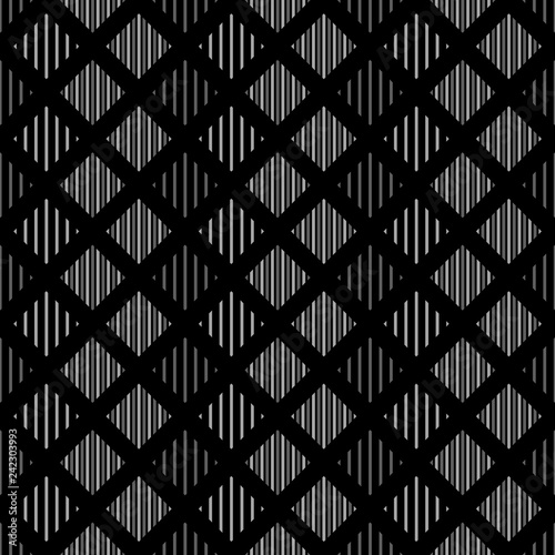 Black white and gray striped rhombus geometric seamless pattern, vector