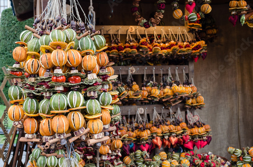 Decorations of dried fruits and berries. For holidays, Christmas and New Year. Sold on the Christmas market.