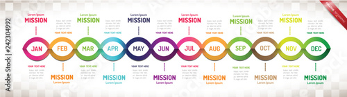 Time line for 1 year, 12 months, Timeline infographics design vector 12 steps.