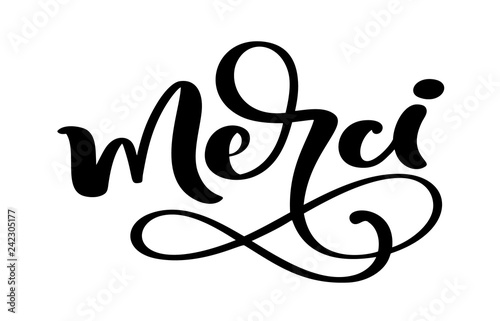 Vector hand drawn lettering Merci. Elegant modern handwritten calligraphy with thankful quote on French. Thank you Ink illustration. Typography poster on white background. For cards, invitations