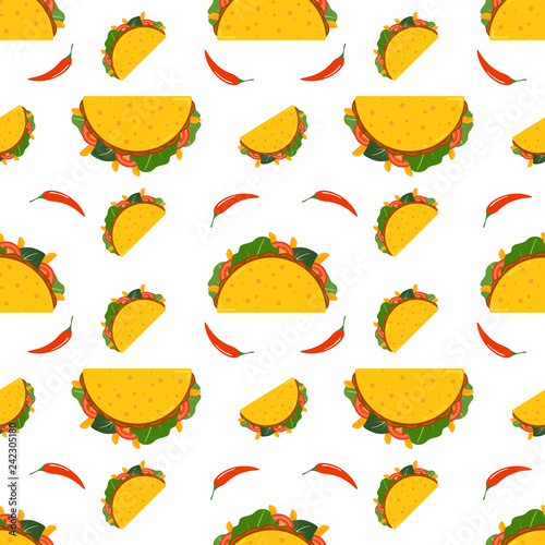 Traditional mexican taco. Taco logo for restaurant or cafe design. Mexican food. Vector illustration seamless pattern.