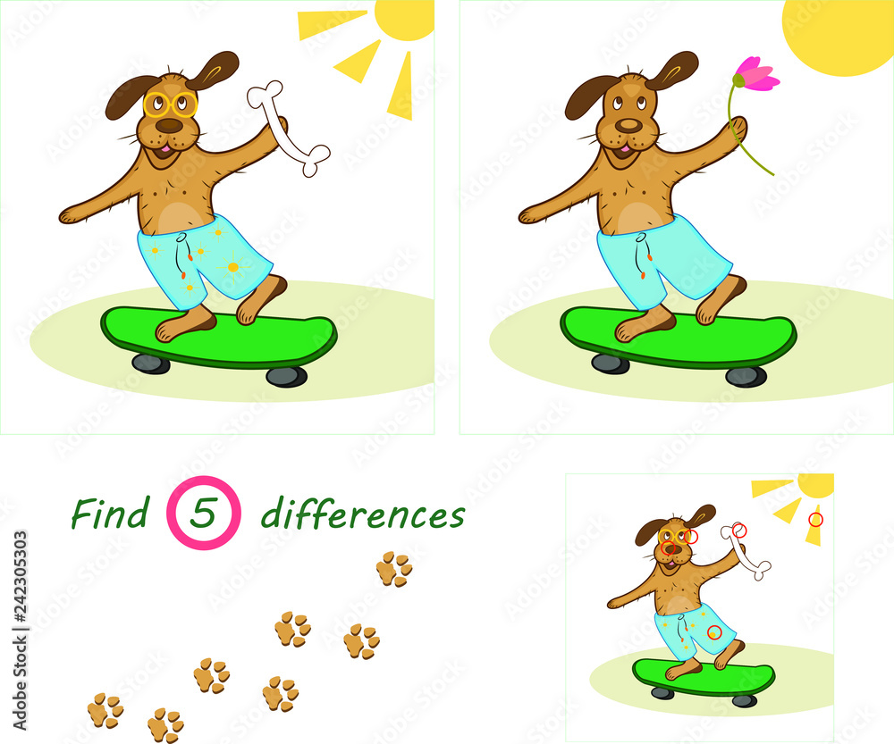 Find 5 differences education game for children, funny dog with a bone ...
