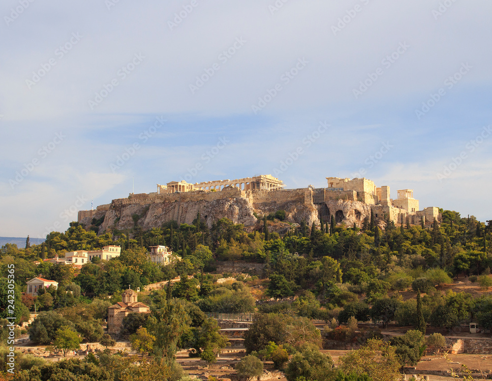 View to the Acropolis of Athens on top of the old town in summer