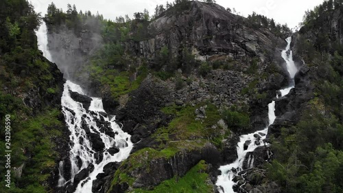 Aerial view. Norwegian landscape. Twin waterfall Latefoss or Latefossen in summertime, Odda Hordaland County in Norway. National tourist Hardanger road 13 photo