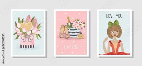 Set of romantic cards in vintage style. Labels and festive items. Vector illustration.
