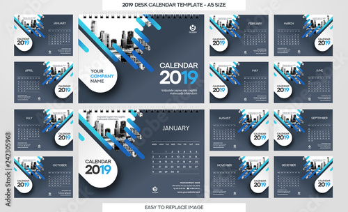 Desk Calendar 2019 template - 12 months included - A5 Size