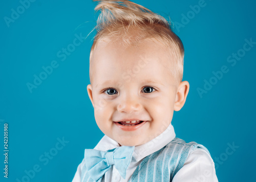 Healthy haircare tips for kids. Boy child with stylish blond hair. Little  child with messy top haircut. Little child with short haircut. Haircare  products. Bring more creativity and style to hair Stock