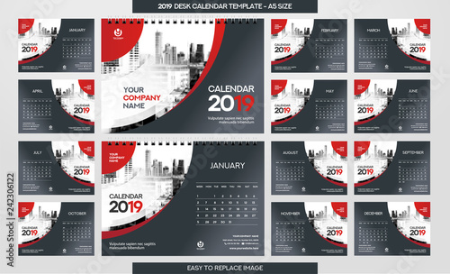 Desk Calendar 2019 template - 12 months included - A5 Size