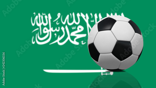 Realistic soccer ball on Saudi Arabia flag background.