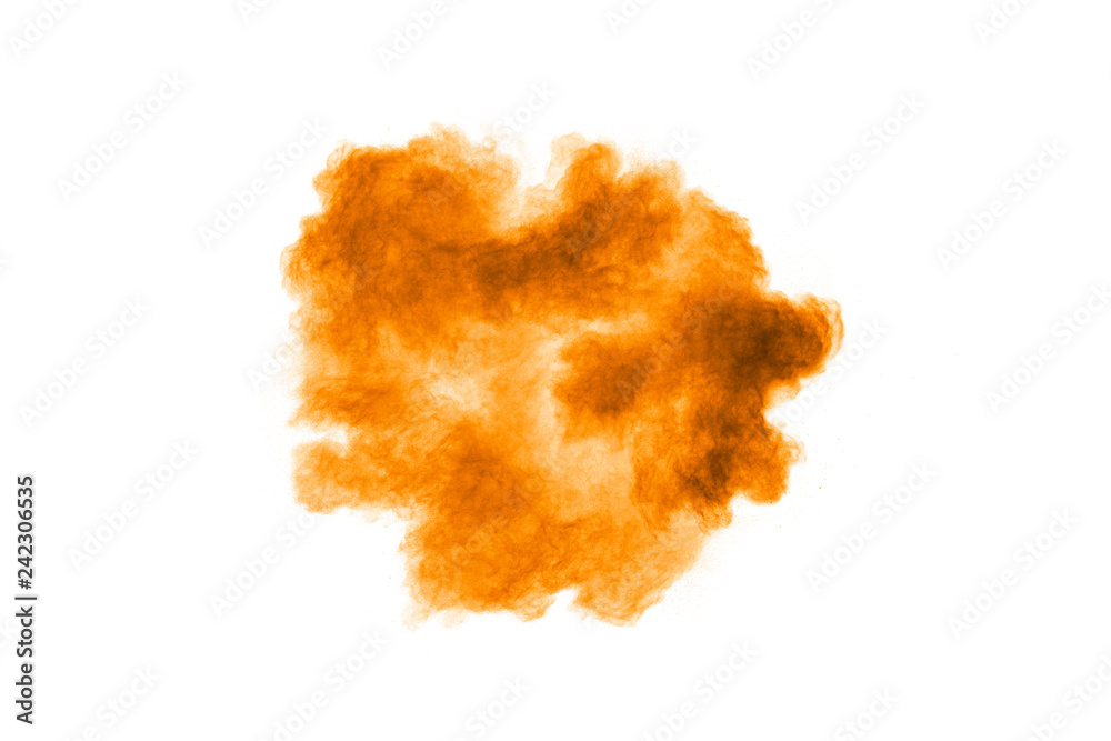 Abstract deep brown dust explosion on white background. Freeze motion of coffee liked color dust splash. Abstract deep brown dust explosion on white background. Freeze motion of coffee liked color dust splash.
