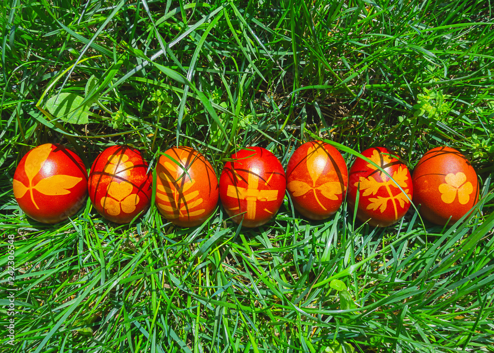 Fototapeta premium uova di Pasqua colorate sul prato verde banner bello