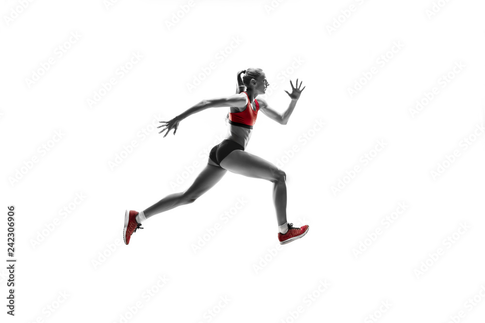 The one caucasian female silhouette of runner running and jumping on white studio background. The sprinter, jogger, exercise, workout, fitness, training, jogging concept. The one caucasian female silhouette of runner running and jumping on white studio background. The sprinter, jogger, exercise, workout, fitness, training, jogging concept.