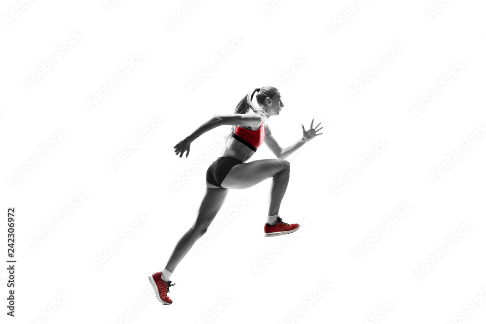 The one caucasian female silhouette of runner running and jumping on white studio background. The sprinter, jogger, exercise, workout, fitness, training, jogging concept.