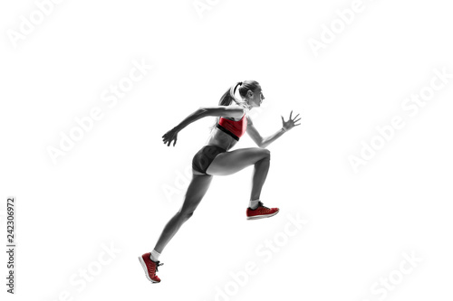 The one caucasian female silhouette of runner running and jumping on white studio background. The sprinter, jogger, exercise, workout, fitness, training, jogging concept.