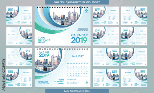 Desk Calendar 2019 template - 12 months included - A5 Size