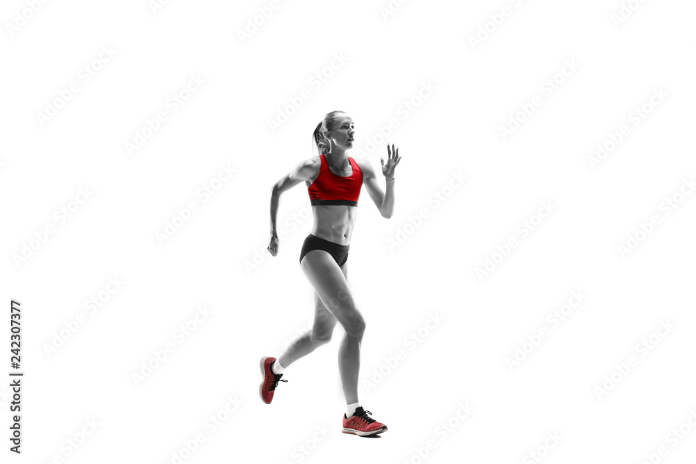 The one caucasian female silhouette of runner running and jumping on white studio background. The sprinter, jogger, exercise, workout, fitness, training, jogging concept. The one caucasian female silhouette of runner running and jumping on white studio background. The sprinter, jogger, exercise, workout, fitness, training, jogging concept.