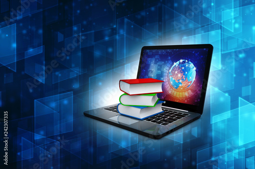 Wallpaper Mural Digital library and online education concept - laptop computer with colorful books. 3d rendering Torontodigital.ca