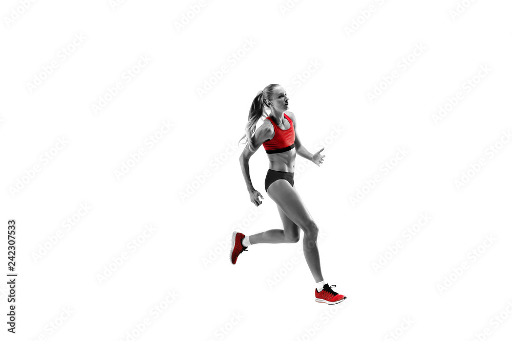 The one caucasian female silhouette of runner running and jumping on white studio background. The sprinter, jogger, exercise, workout, fitness, training, jogging concept.