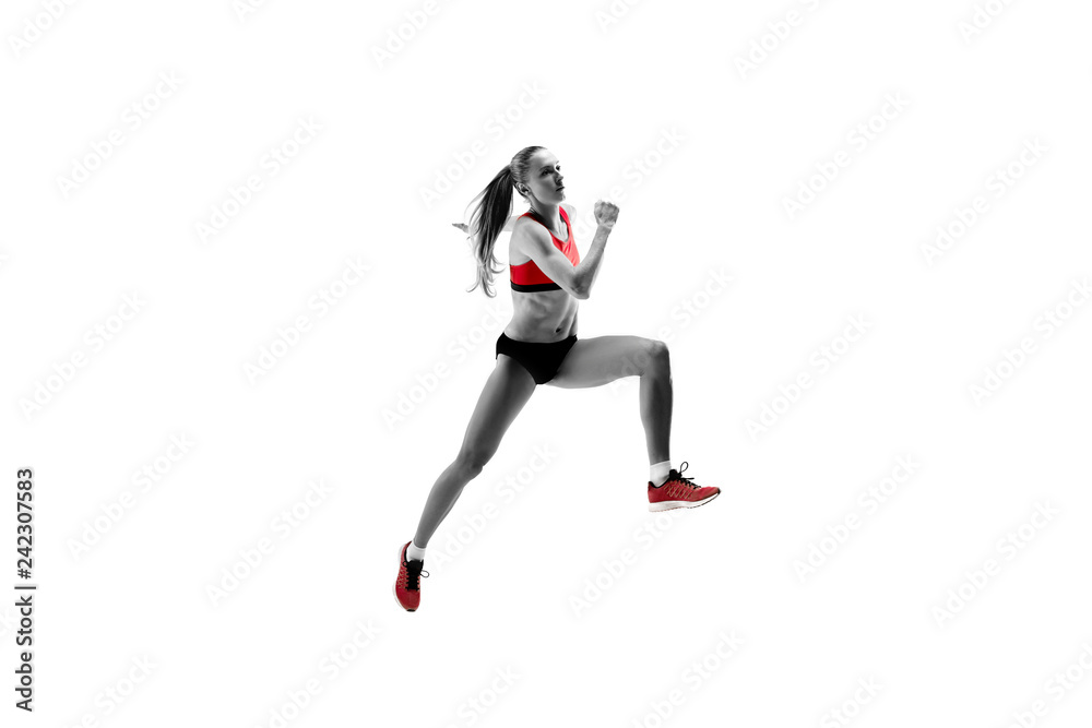 The one caucasian female silhouette of runner running and jumping on white studio background. The sprinter, jogger, exercise, workout, fitness, training, jogging concept. The one caucasian female silhouette of runner running and jumping on white studio background. The sprinter, jogger, exercise, workout, fitness, training, jogging concept.