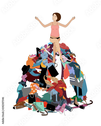 Nothing to wear concept, young attractive stressed woman seating in a pile of messy clothes gotten out of closet. Vector illustration