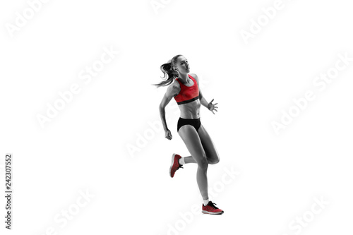 The one caucasian female silhouette of runner running and jumping on white studio background. The sprinter  jogger  exercise  workout  fitness  training  jogging concept.