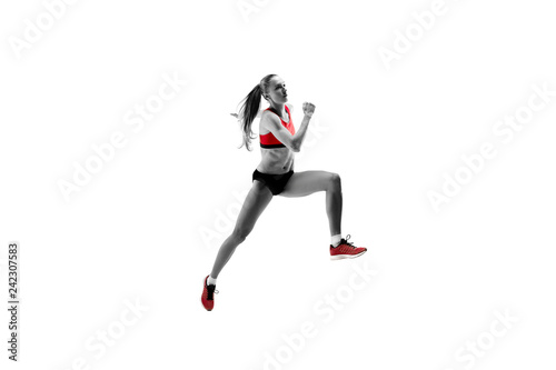 The one caucasian female silhouette of runner running and jumping on white studio background. The sprinter  jogger  exercise  workout  fitness  training  jogging concept.
