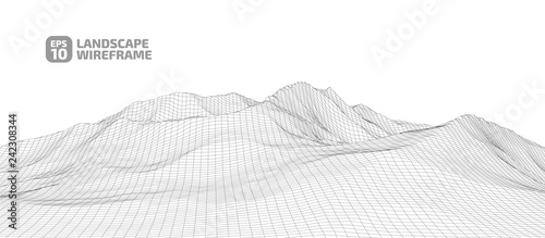 Abstract wireframe background. 3D grid technology illustration landscape. Digital Cyberspace in the Mountains with valleys.