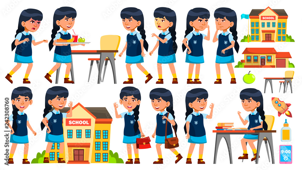 Asian Girl Vector. Primary School Child. Animation Creation Set. Face Emotions, Gestures. Life, Emotional, Pose. For Presentation, Print, Invitation Design. Animated. Cartoon Illustration