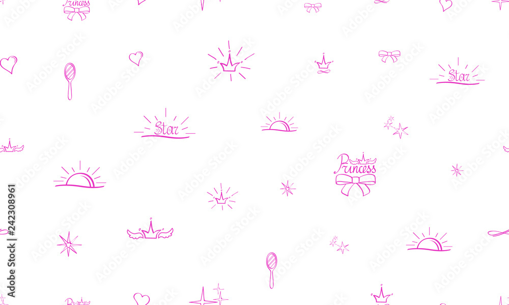 Seamless pattern Little Princess. Pink sketch, cute doodle baby elements. Princess concept. Childish background. Hand drown design for girl. Crown heart mirror sun stars princess. Vector illustration Seamless pattern Little Princess. Pink sketch, cute doodle baby elements. Princess concept. Childish background. Hand drown design for girl. Crown heart mirror sun stars princess. Vector illustration
