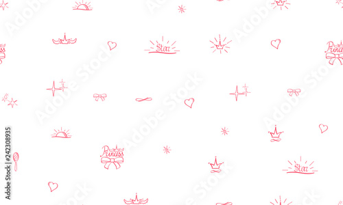 Seamless pattern Little Princess. Pink sketch, cute doodle baby elements. Princess concept. Childish background. Hand drown design for girl. Crown heart mirror sun stars princess. Vector illustration