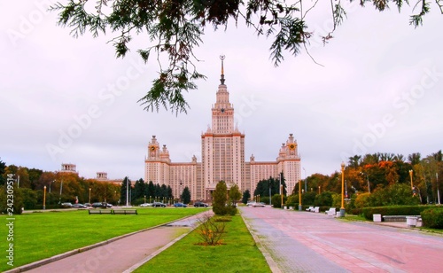 Vibrant perspective cloudy view of summer campus of famous Russian university in Moscow