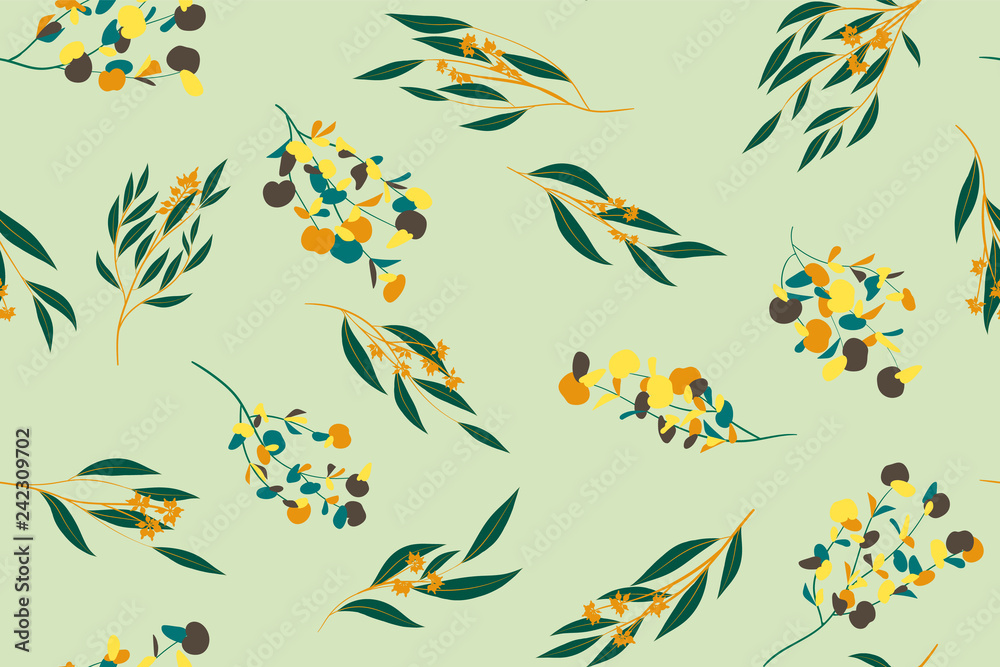Bright Floral Seamless Pattern. Vector Eucalyptus Leaves and Beautiful Blossom Elements. Colorful Botanical Summer Background. Floral Seamless Pattern for Wedding Design, Print, Textile, Fabric, Paper