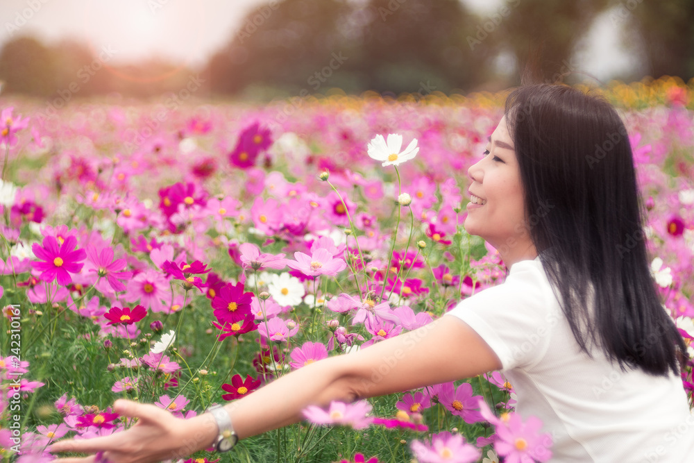Asian woman in the cosmos field. Asian woman in the cosmos field.