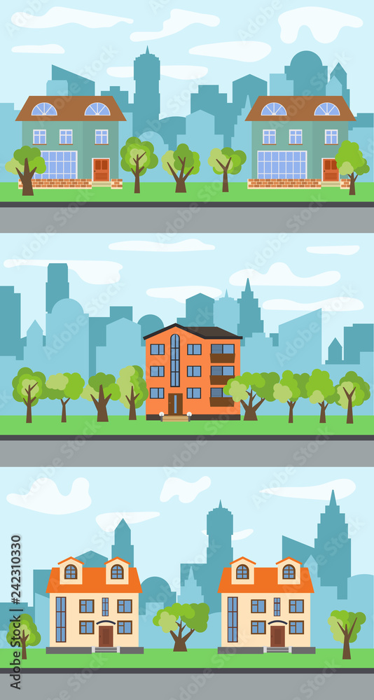 Set of three vector illustrations of city street