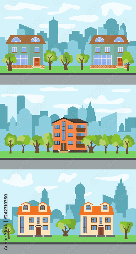 Set of three vector illustrations of city street Set of three vector illustrations of city street