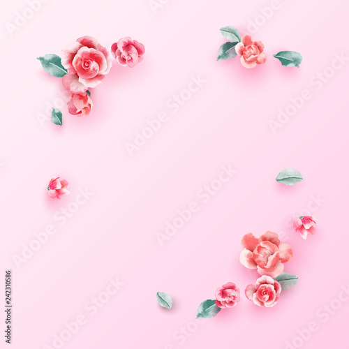 Wedding flowers frame on pastel pink background from above. Beautiful pink roses template. Flat lay. Vector illustration