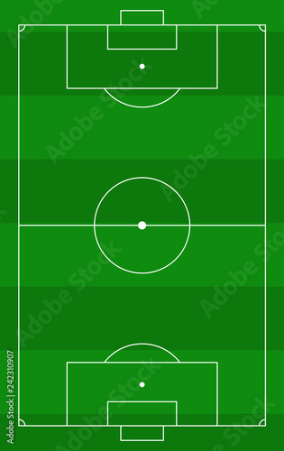 Top view of the soccer field with green stripes. Vector illustration of the green grass football pitch with white markup for a sports game. photo