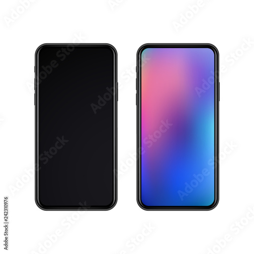 Realistic slim black smartphones with display off and display on isolated on white background. New modern cellphones with the blank screen. Vector illustration of gadgets