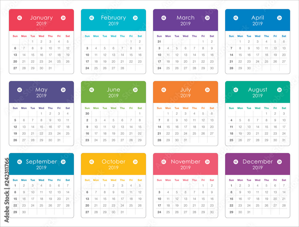 Year 2019 monthly calendar vector illustration Year 2019 monthly calendar vector illustration