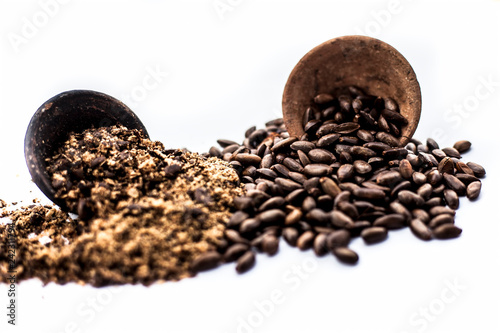 Close up of brown colored dried custard apples or sitaphal or sugar apple seeds in a black colored clay bowl and its powder of grounded seeds in a brown colored clay bowl isolated on white. photo