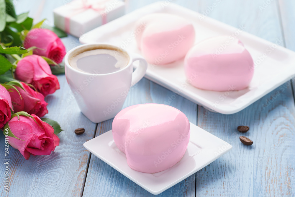 Valentine's day with heart shaped mousse cakes, coffee, gift box Valentine's day with heart shaped mousse cakes, coffee, gift box